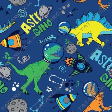 Mavi Zeminli Uzayda Gezinen Dinozorlar Desenli Kumaş(SONBAHAR İNDİRİMİ)