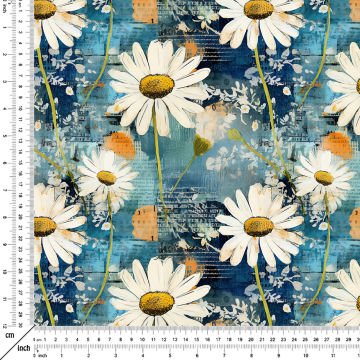 Hoşgeldin Bahar - Vintage Turkuaz Zemin Papatya Desenli Dijital Baskı Tasarım Kumaş