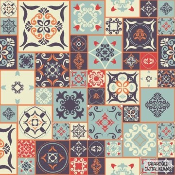 Soft Turuncu Mavi Kırmızı Tonlarda Patchwork Çini Desenli Kumaş