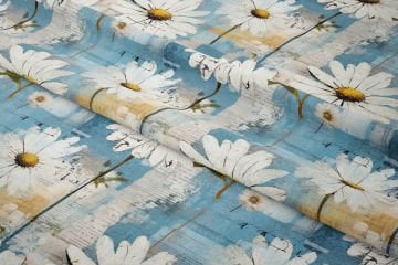 Hoşgeldin Bahar - Vintage Gazete Yazıları Turkuaz Papatya Desenli Dijital Baskı Tasarım Kumaş