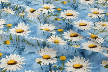 Hoşgeldin Bahar - Vintage Gazete Yazıları Turkuaz Papatya Desenli Dijital Baskı Tasarım Kumaş