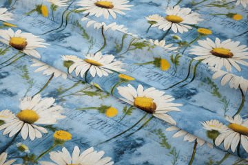 Hoşgeldin Bahar - Vintage Gazete Yazıları Turkuaz Papatya Desenli Dijital Baskı Tasarım Kumaş