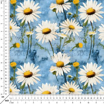 Hoşgeldin Bahar - Vintage Gazete Yazıları Turkuaz Papatya Desenli Dijital Baskı Tasarım Kumaş