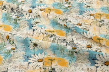 Hoşgeldin Bahar - Vintage Gazete Yazıları Turkuaz Papatya Desenli Dijital Baskı Tasarım Kumaş