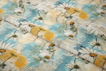 Hoşgeldin Bahar - Vintage Gazete Yazıları Turkuaz Papatya Desenli Dijital Baskı Tasarım Kumaş