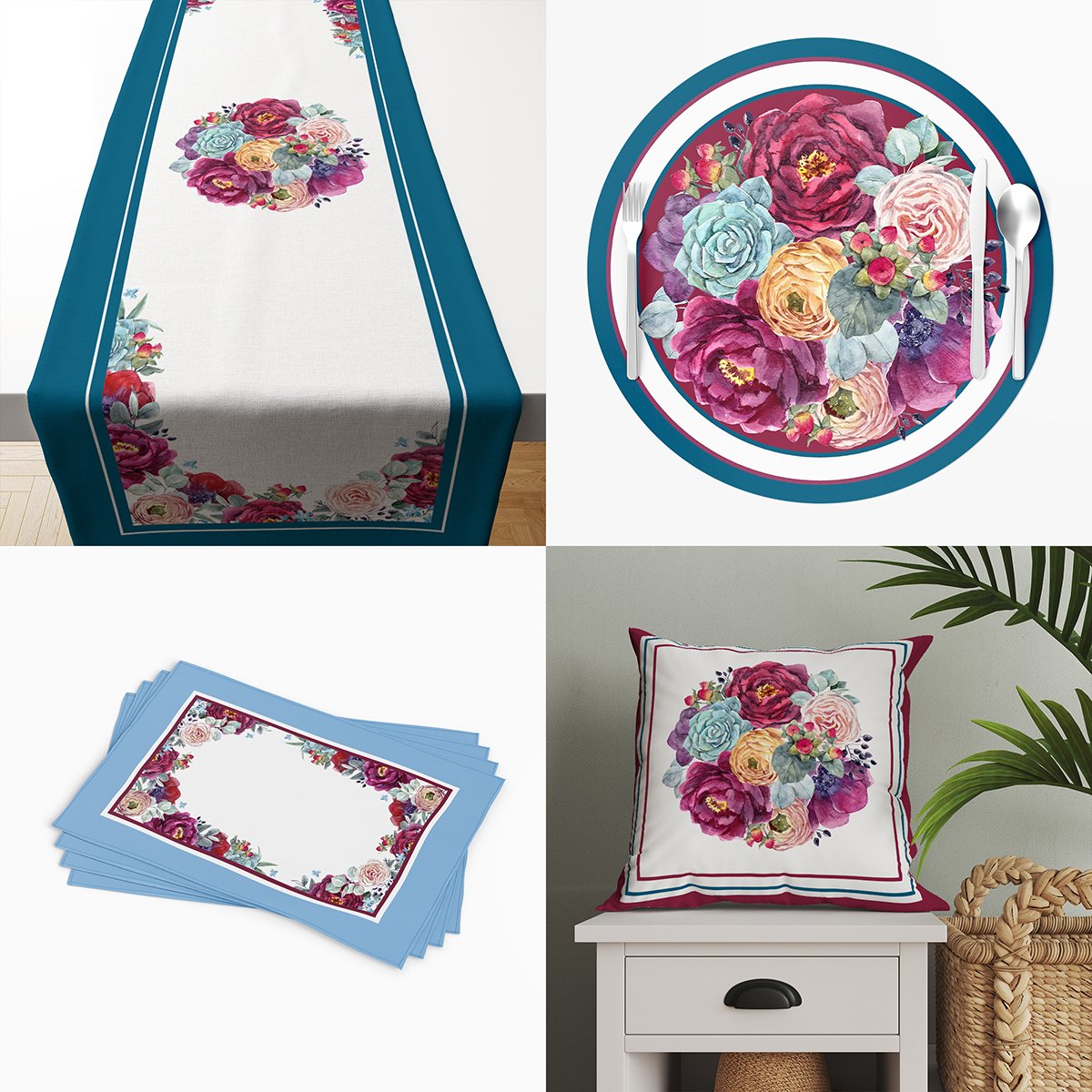 Mavi Zeminli Renkli Çiçekler