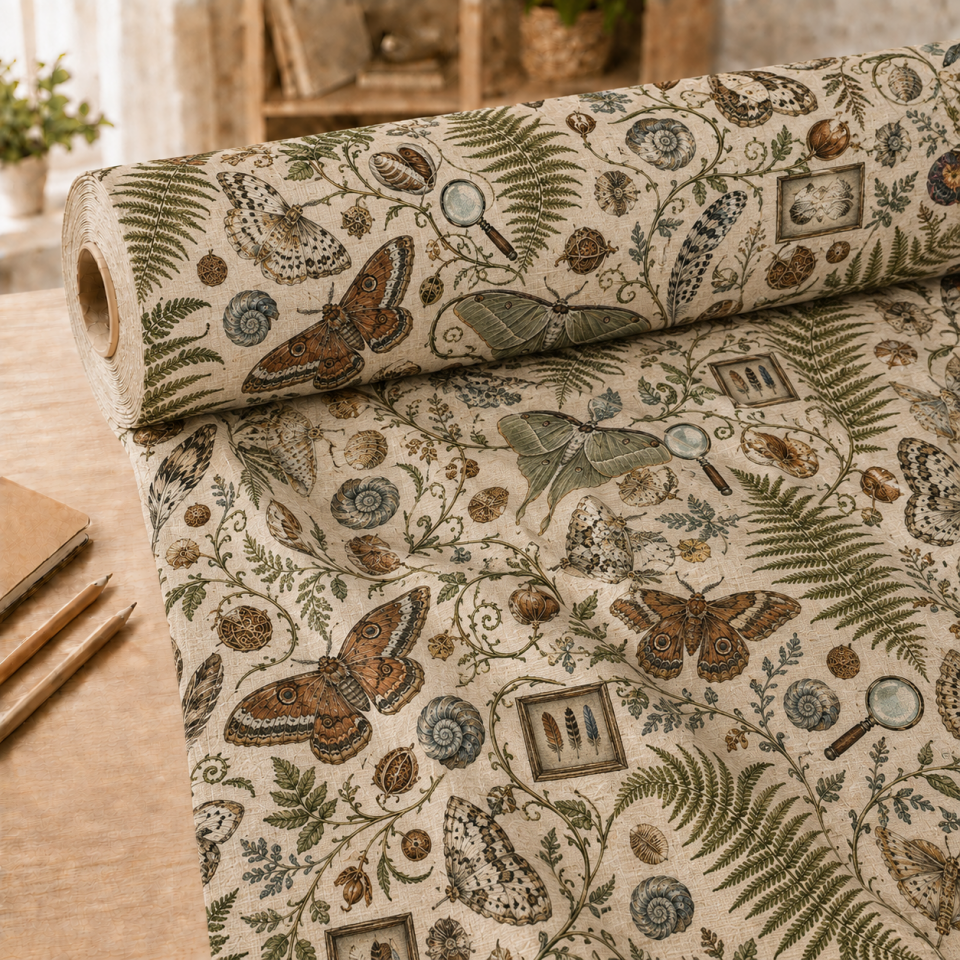 Doğa Temalı Kumaş – Vintage Kelebek Güve ve Botanik Desenli Kumaş