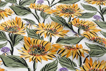 Hoşgeldin Bahar - Ayçiçekli Mor Tomurcuklu Desenli Dijital Baskı Tasarım Kumaş