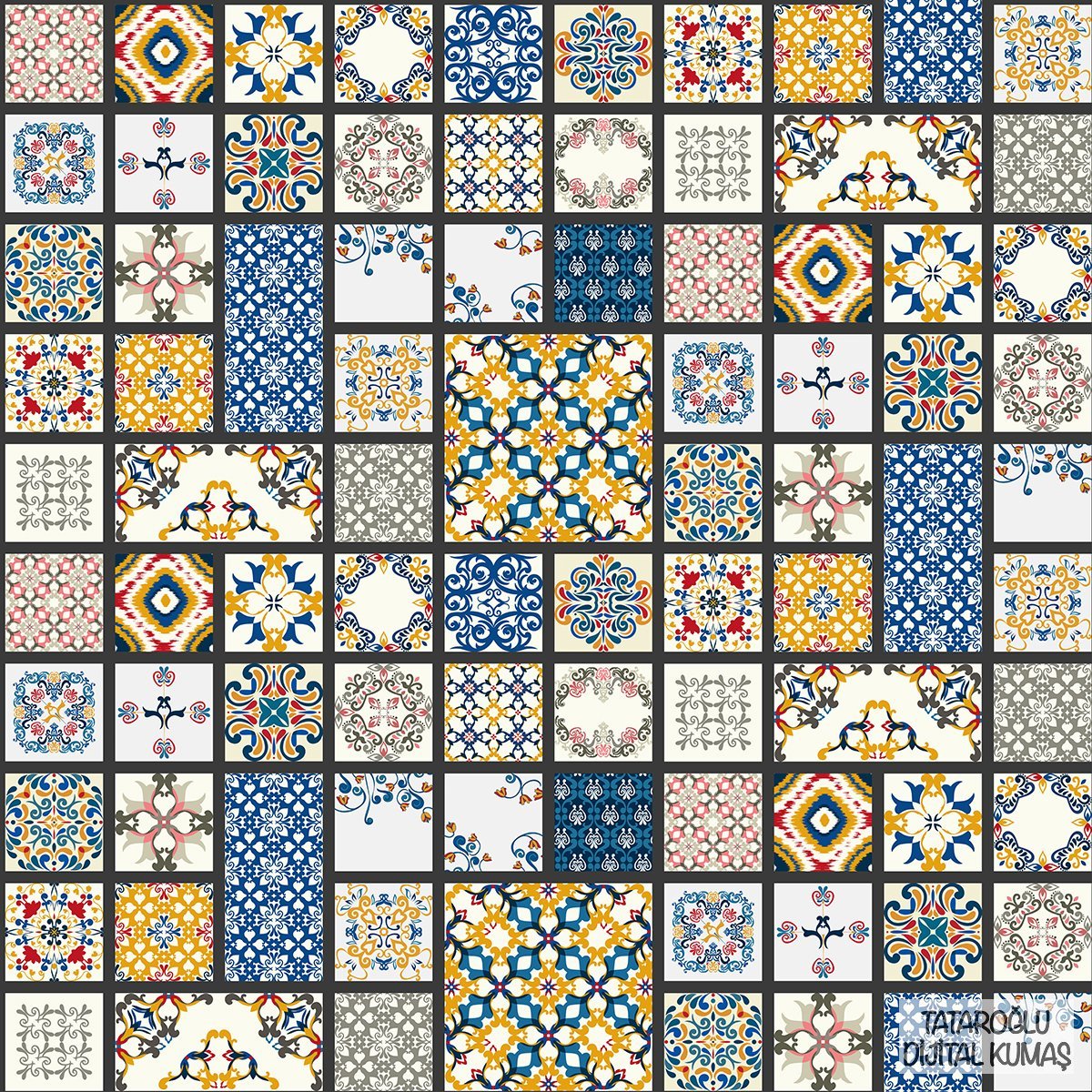Sarı Lacivert Kırmızı Tonlarda Patchwork Çini Desenli Baskılı Kumaş