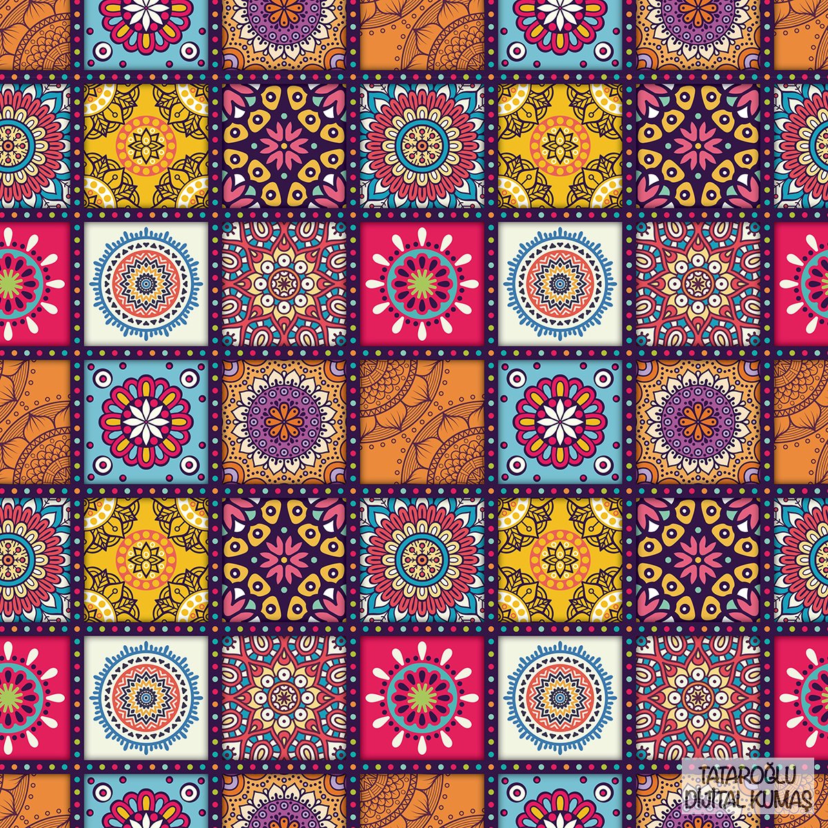 Renkli Kareler İçerisinde Küçük Mandala Desenli Çinili Dijital Baskılı Kumaş