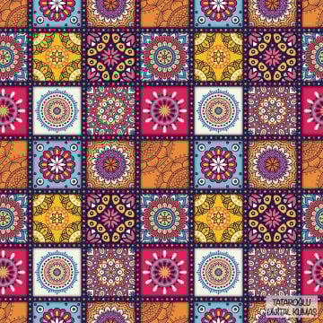 Renkli Kareler İçerisinde Küçük Mandala Desenli Çinili Dijital Baskılı Kumaş