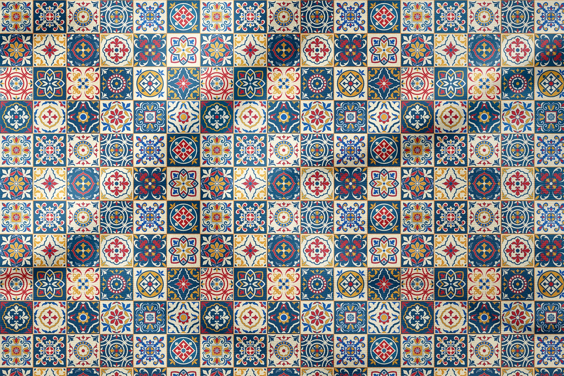 Krem Lacivert Kırmızı Kareler İçerisinde Çinili Dijital Baskılı Kumaş