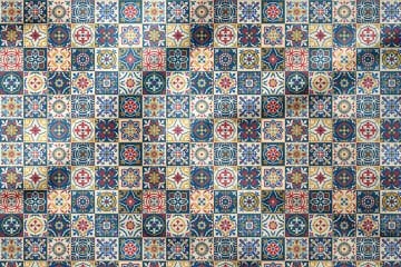 Digital Printed Fabric with Tiled Patterns in Cream Navy Blue and Red Squares