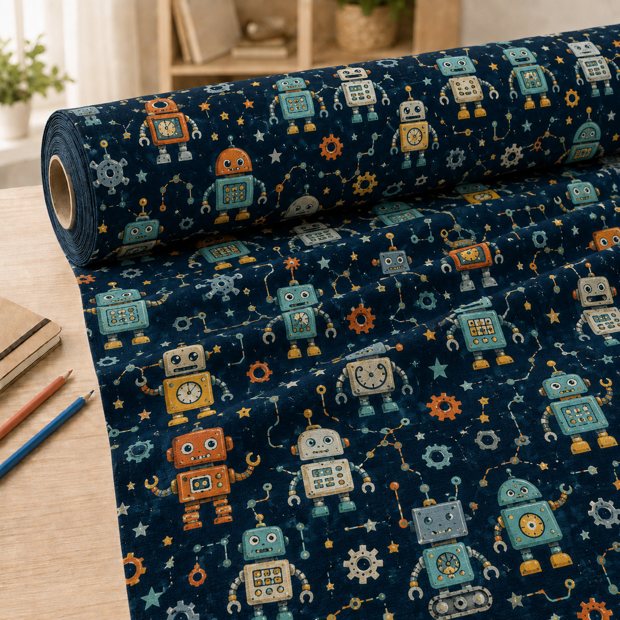 Robot Desenli Kumaş – Lacivert Çocuk ve Back to School Kumaşı
