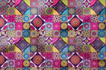 Renkli Patchwork Desenli Çinili Dijital Baskılı Kumaş