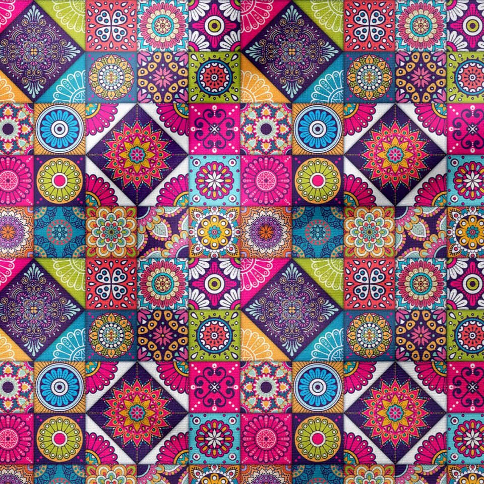 Renkli Patchwork Desenli Çinili Dijital Baskılı Kumaş