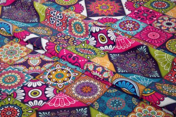 Renkli Patchwork Desenli Çinili Dijital Baskılı Kumaş