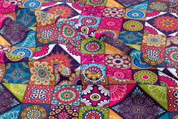 Renkli Patchwork Desenli Çinili Dijital Baskılı Kumaş