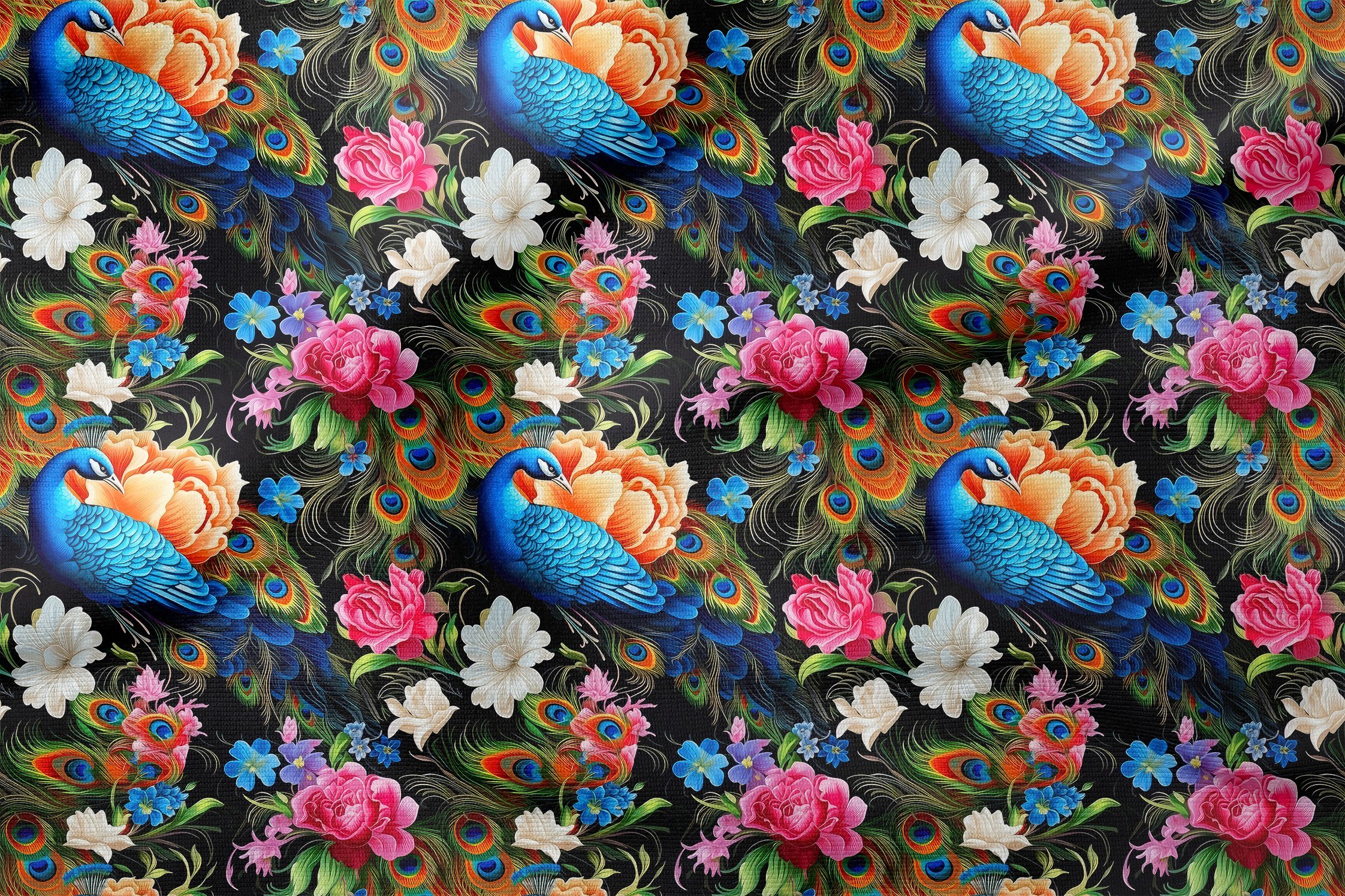 Colorful Peacock Rose Pattern Digital Printed Design Fabric