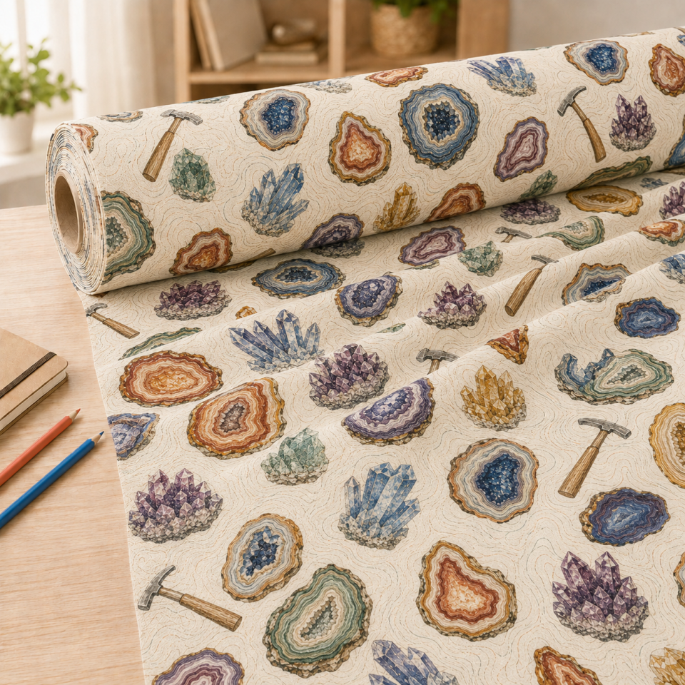 Kristal Desenli Kumaş – Mineral Taş ve Jeoloji Temalı Back to School Kumaşı