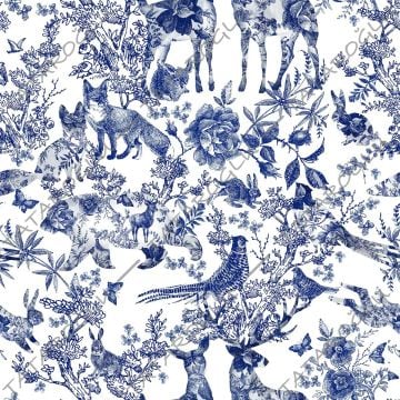 Beyaz Zemin Üzerine Toile de Jouy Mavi Karışık Hayvan Dijital Baskılı Kumaş(SONBAHAR İNDİRİMİ)