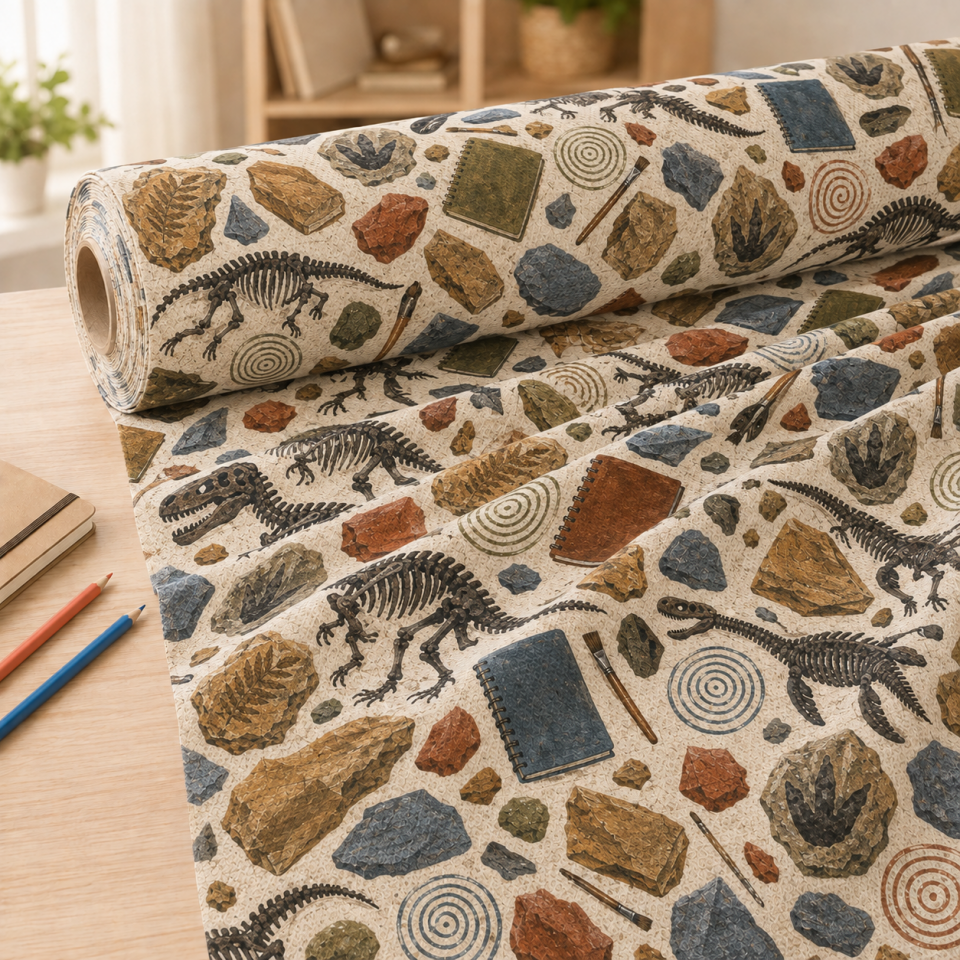 Dinozor Fosil Desenli Kumaş – Paleontoloji ve STEM Temalı Back to School Kumaşı