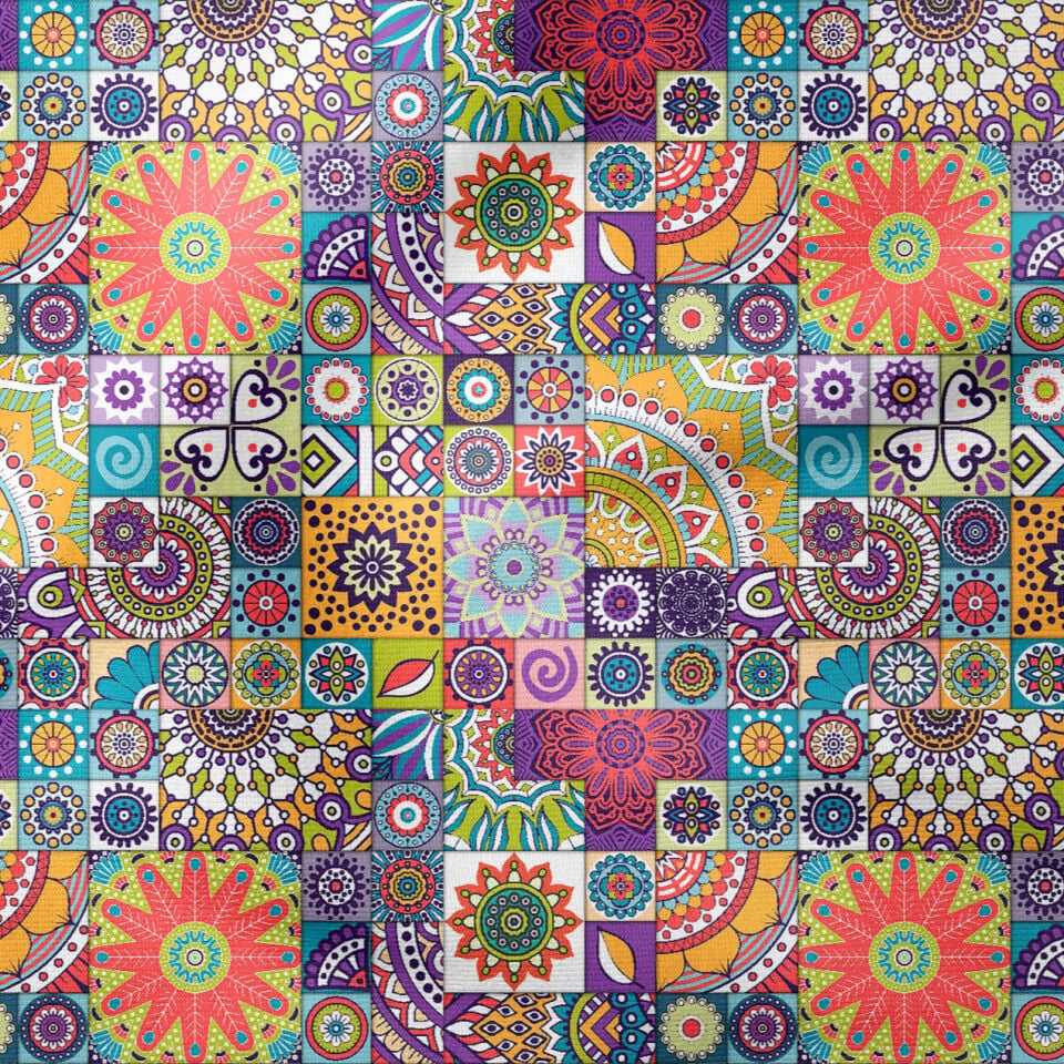 Rengarenk Patchwork Çini Desenli Dijital Baskılı Kumaş