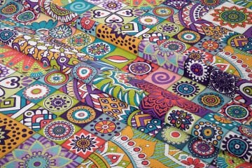 Rengarenk Patchwork Çini Desenli Dijital Baskılı Kumaş