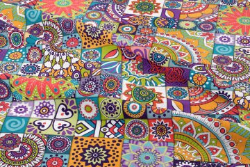 Rengarenk Patchwork Çini Desenli Dijital Baskılı Kumaş