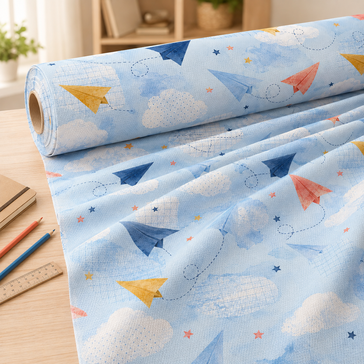 Kâğıt Uçak Desenli Kumaş – Back to School Çocuk Kumaşı