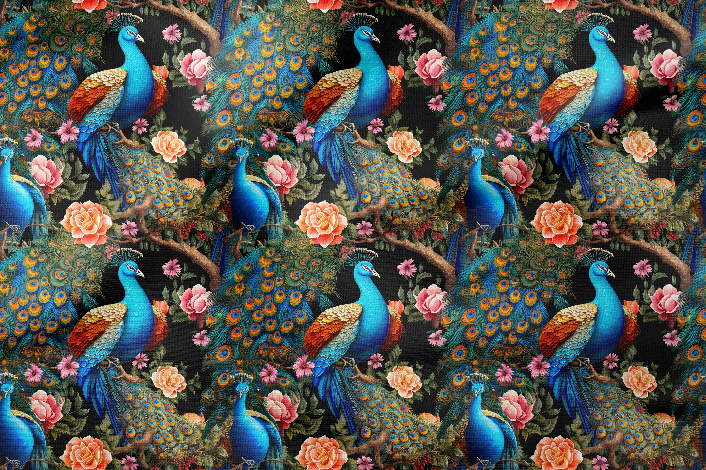 Digital Printed Design Fabric with Peacock Pattern on Tree Branches
