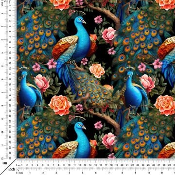 Digital Printed Design Fabric with Peacock Pattern on Tree Branches