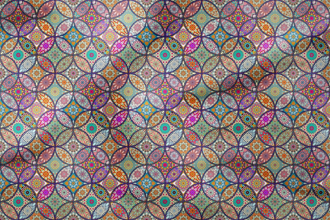 Printed Fabric with Colorful Tile Patterns Inside the Interlocking Circles