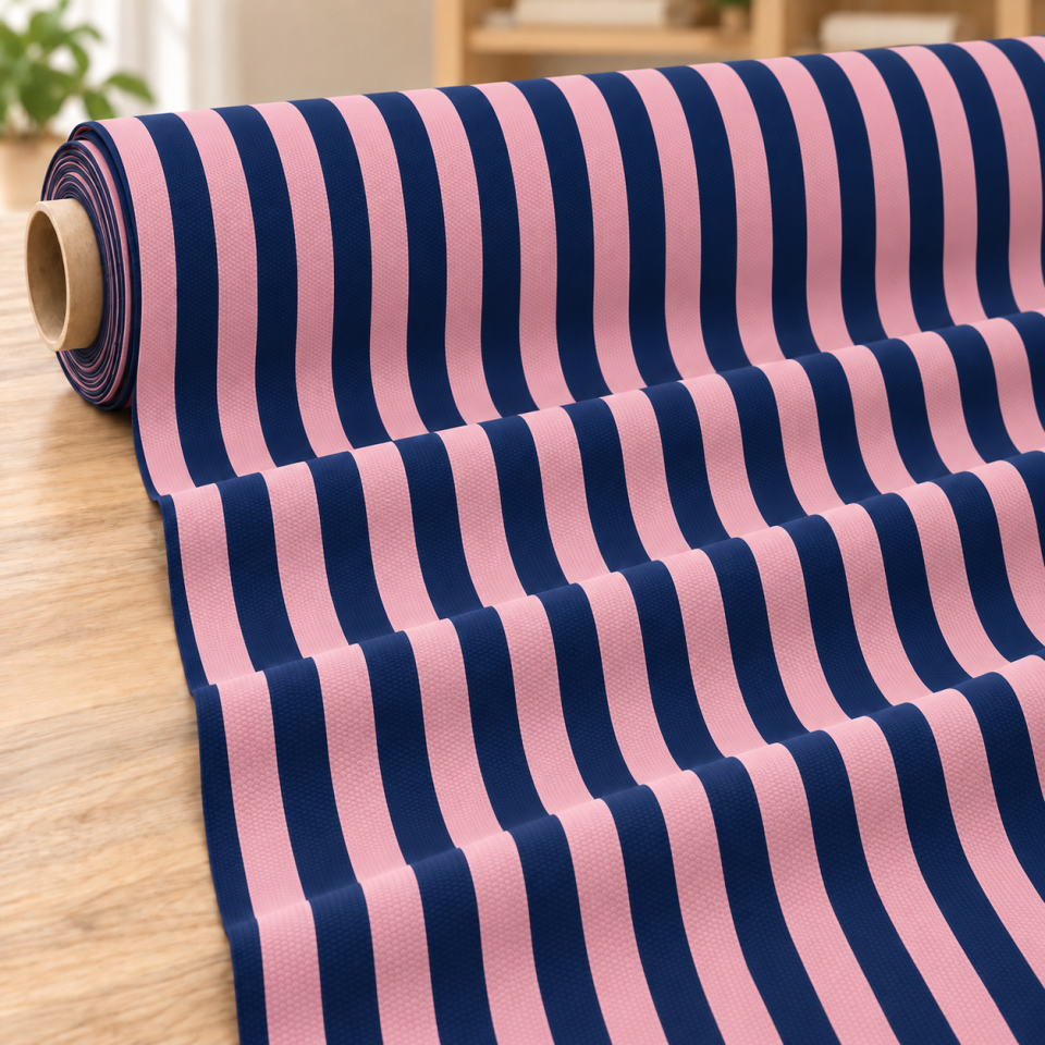 Lacivert Pembe Çizgili Kumaş – Modern Dekoratif Çizgi Desenli Kumaş