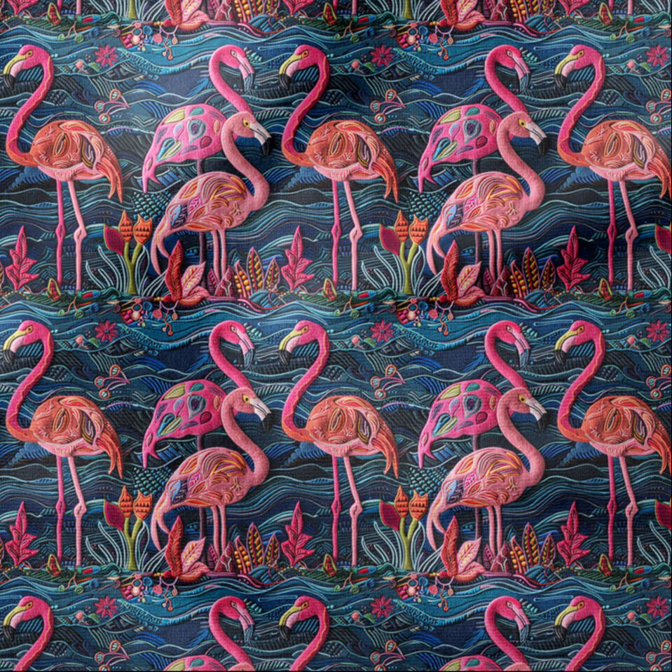 İşlemeli Flamingo Desenli Dijital Baskı Kumaş