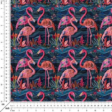 İşlemeli Flamingo Desenli Dijital Baskı Kumaş