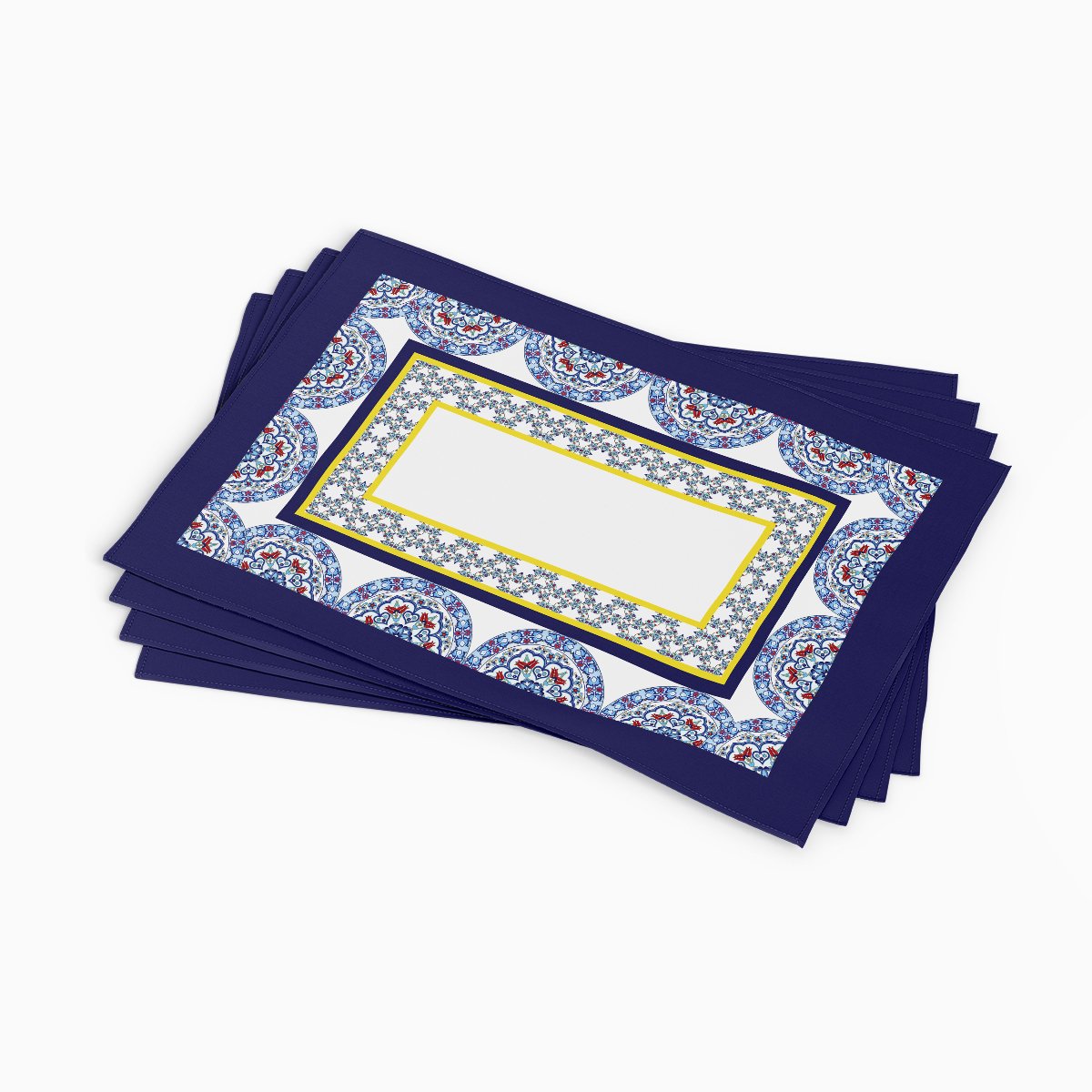 Kenarları Çini Motifli Ortası Limonlu Desen Amerikan Servis 3'lü Set Dikilmemiş