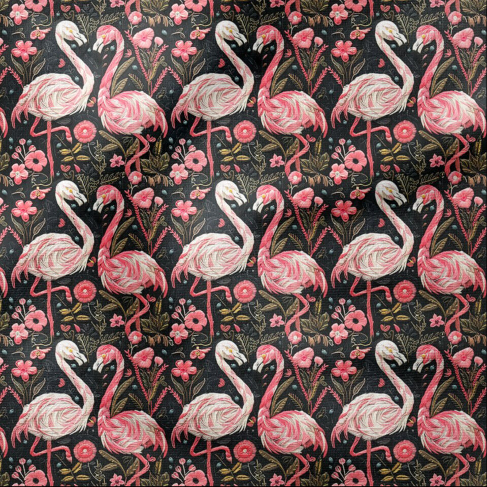 İğne Oyalı Flamingo Desenli Dijital Baskı Kumaş