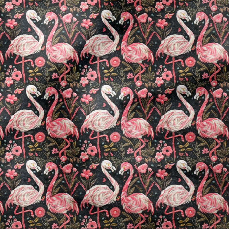 İğne Oyalı Flamingo Desenli Dijital Baskı Kumaş