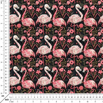 İğne Oyalı Flamingo Desenli Dijital Baskı Kumaş