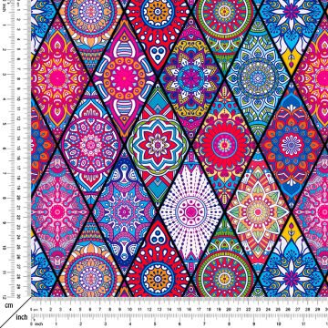 Baklava Desenin İçerisine Renkli Çini Desenli Dijital Baskılı Kumaş