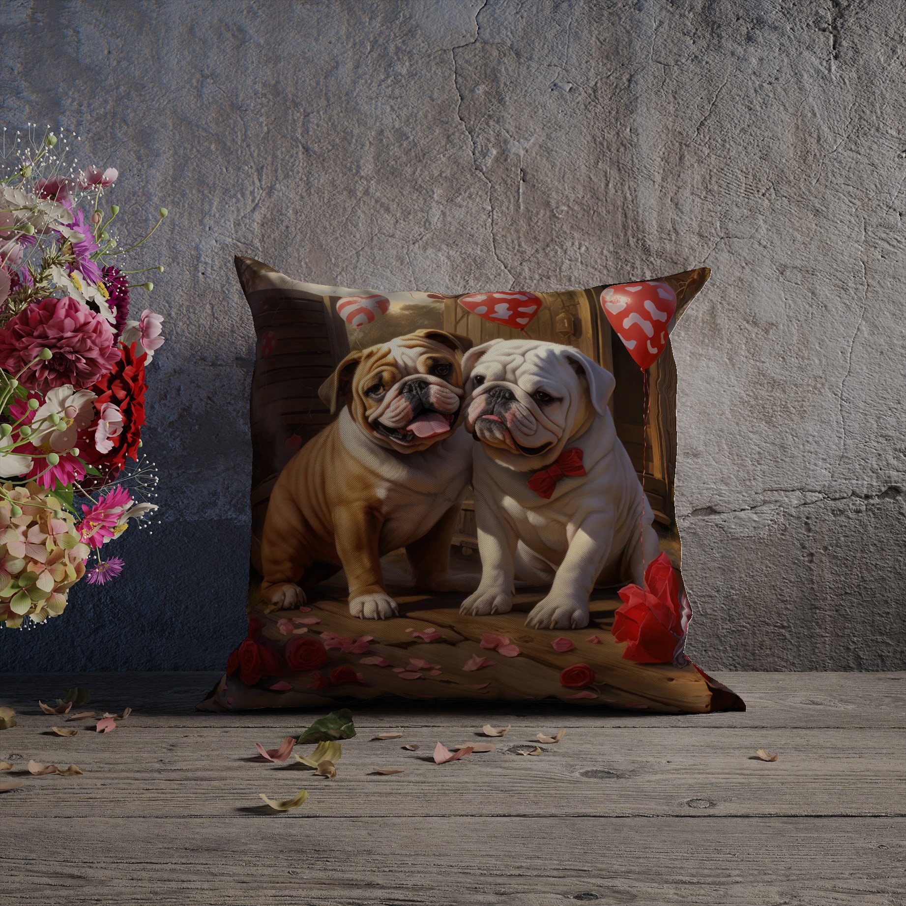 Sevgililer Günü Koleksiyonu - Bulldog Aşkı Temalı 2'li Kırlent Paneli Dikilmemiş Kumaş