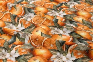 Portakal ve Çiçek Desenli Dijital Baskılı Dekoratif Polyester Kumaş