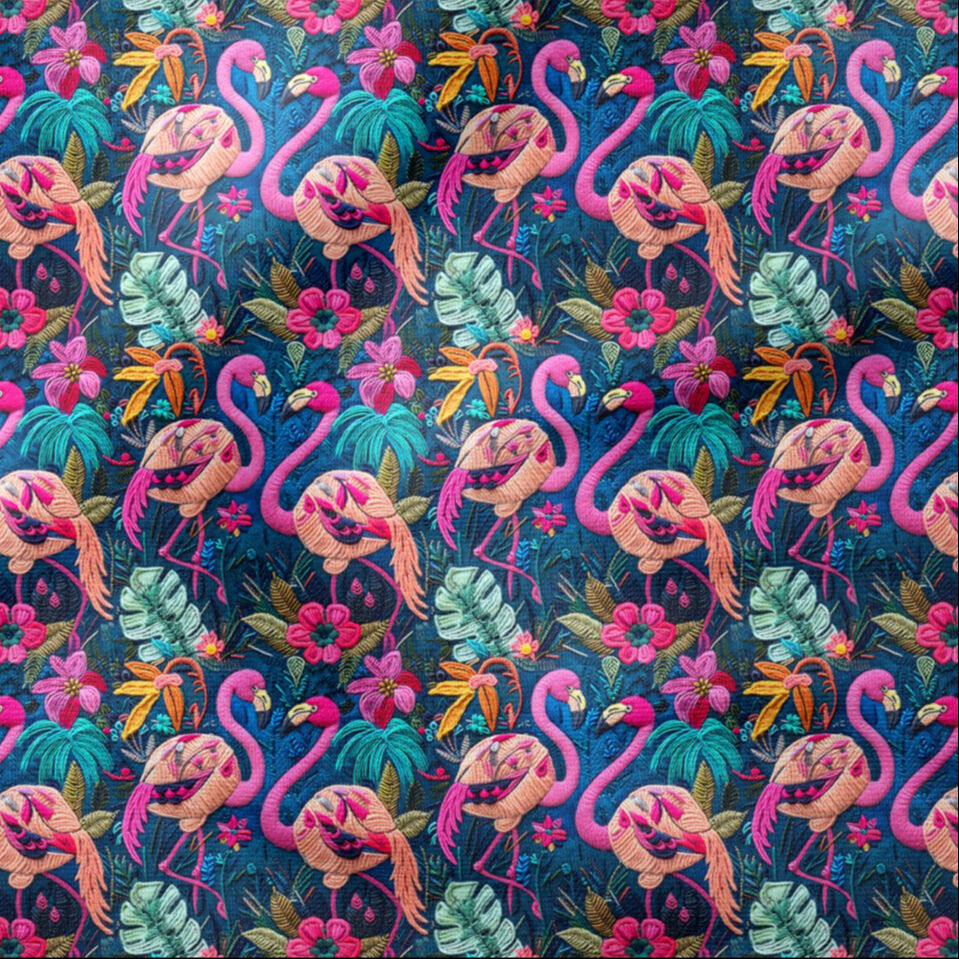 El Örgüsü Flamingo Desenli Dijital Baskı Kumaş