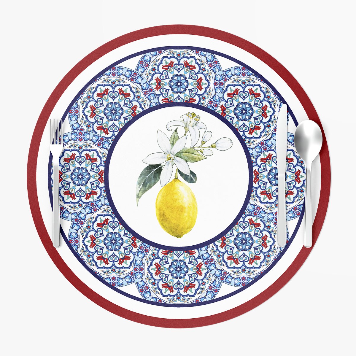 Kenarları Çini Motifli Ortası Limonlu Desen Supla 3'lü Set Dikilmemiş