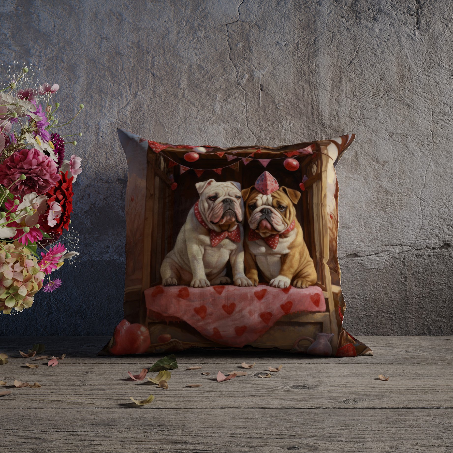 Sevgililer Günü Koleksiyonu - Bulldog Aşkı Temalı 2'li Kırlent Paneli Dikilmemiş Kumaş