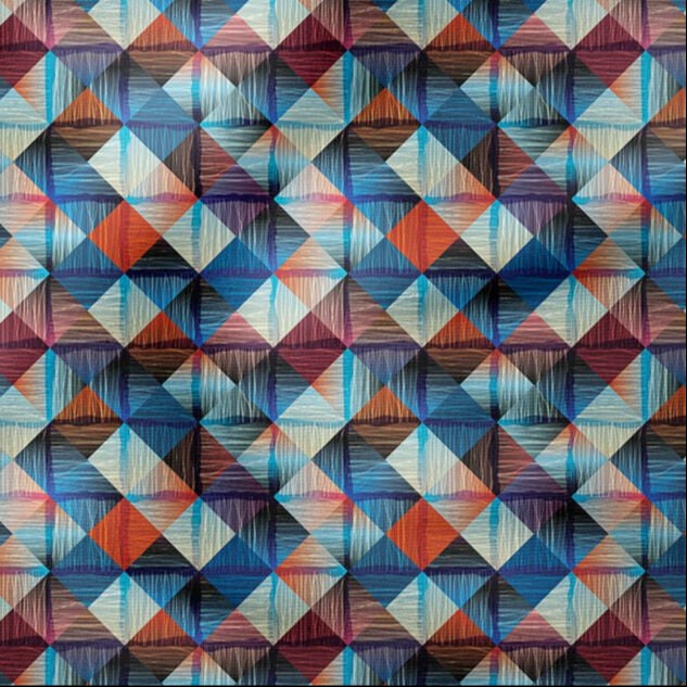 Mavi Turuncu Tonlarda Kare Üçgen Geometrik Desenli Baskılı Kumaş