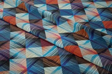 Mavi Turuncu Tonlarda Kare Üçgen Geometrik Desenli Baskılı Kumaş