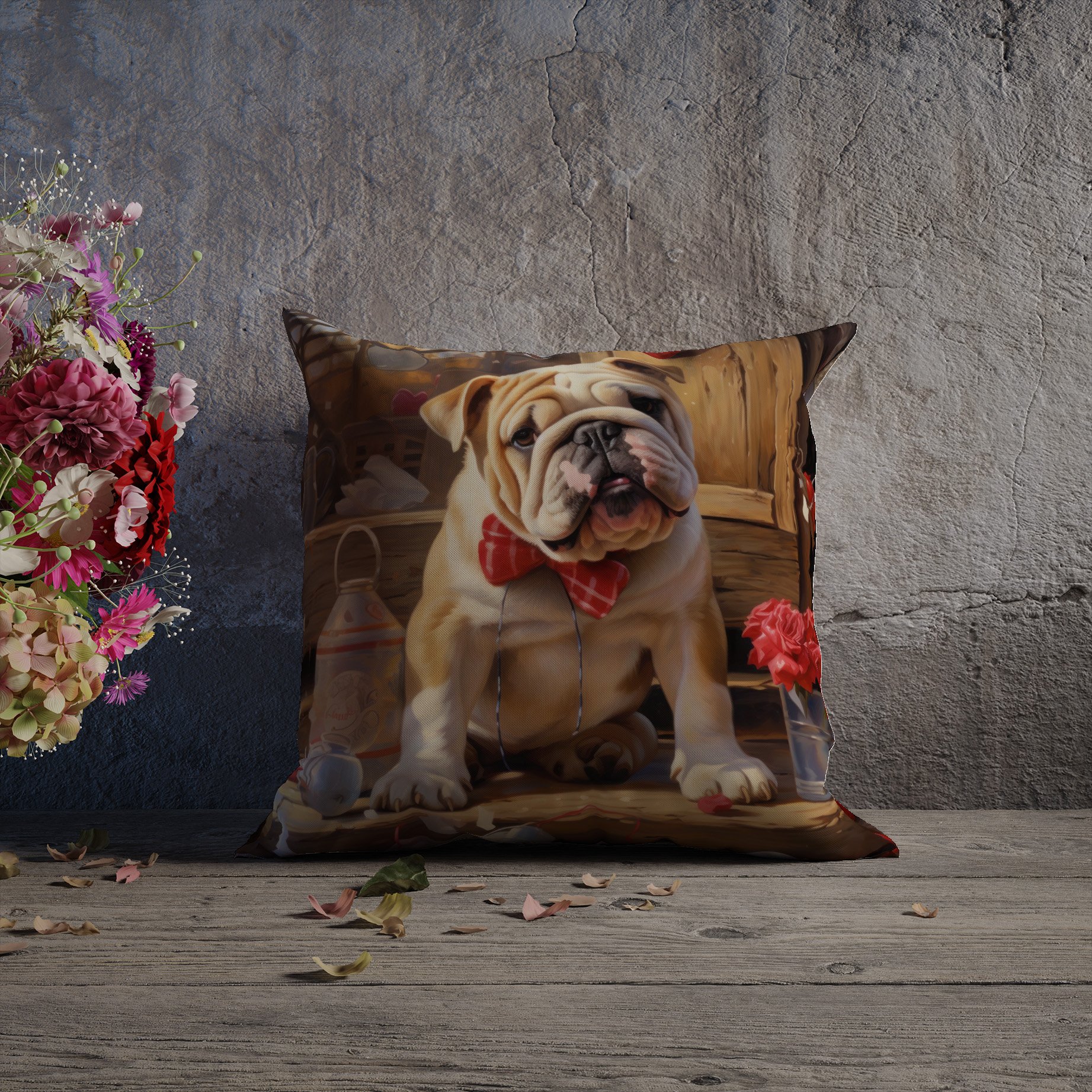 Sevgililer Günü Koleksiyonu - Bulldog Aşkı Temalı 2'li Kırlent Paneli Dikilmemiş Kumaş