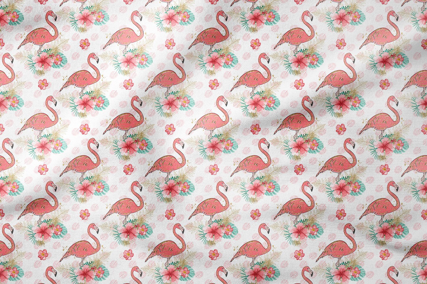 Yaprak Zeminli Altın Yaldızlı Pembe Flamingo Çiçek Desenli Dijital Baskı Kumaş